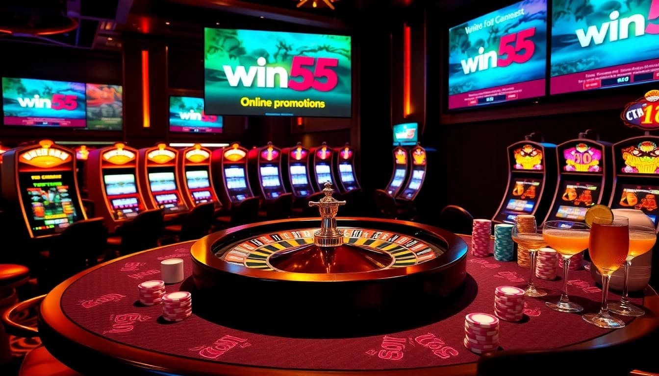Engaging scene featuring win55 online casino games with vibrant tables and alluring slot machines.