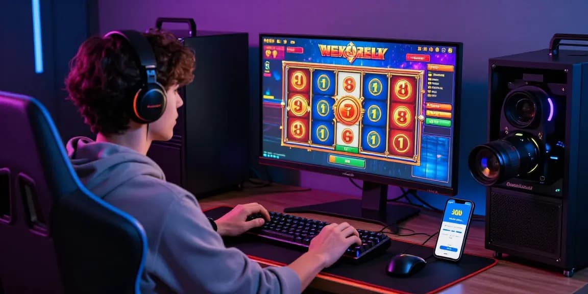 Engaging online slot gaming setup showcasing a player making a slot deposit 5000 with vibrant displays and gaming gear.