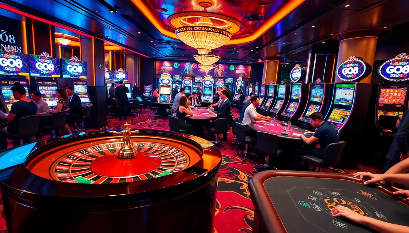 GO8 players enjoying a thrilling casino experience at roulette and poker tables.