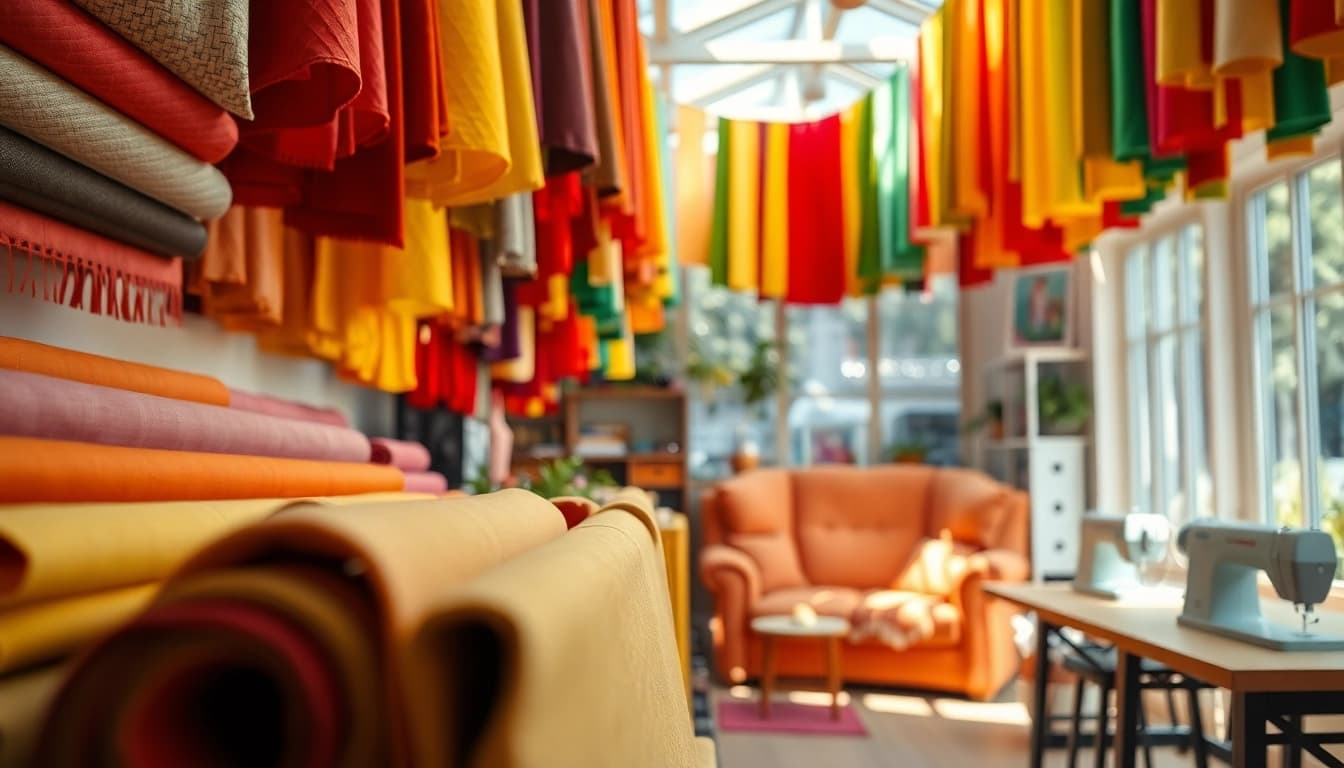 Kleurrijke stoffenwinkel met diverse stoffen en een creatieve sfeer.