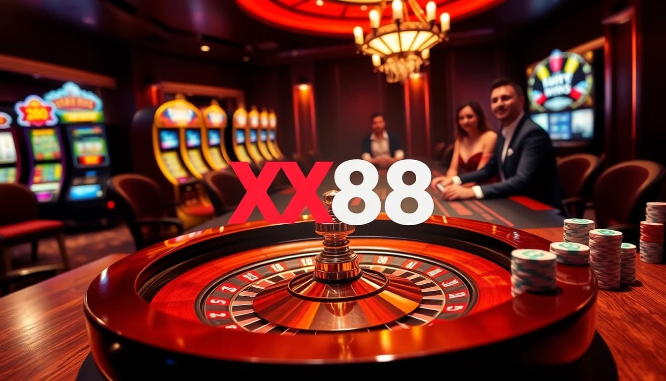 Engaging poker players strategizing their bets at https://xx88.nl/ casino with vibrant slot machines in the background.