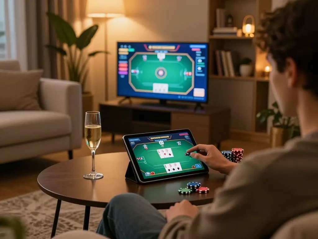 Person engaging in w188 vip online poker strategy at home gaming setup