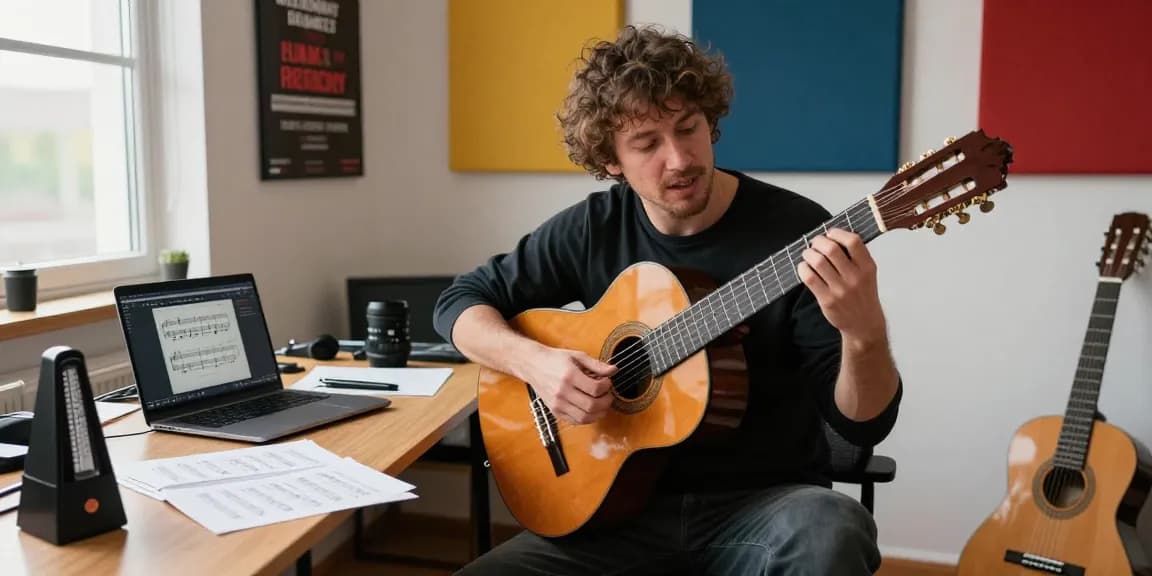 Private classical guitar lessons with a passionate instructor demonstrating techniques in a warm studio environment.