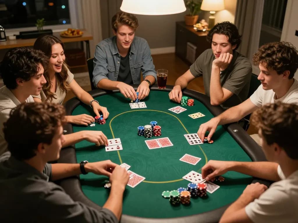 Friends enjoying a poker game night at home, displaying excitement and strategy, featuring xoilactv.