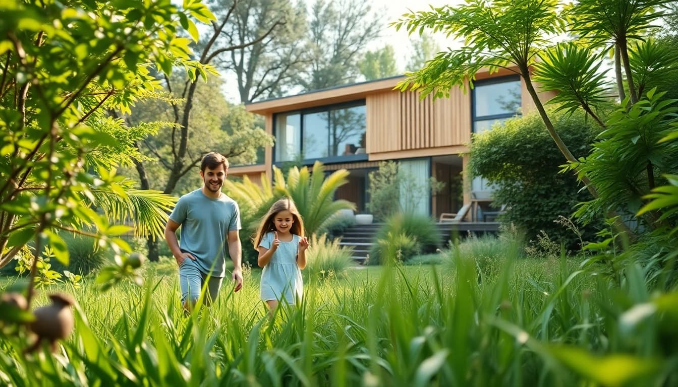 Experience a harmonious family life with https://sicherlebensraum.de, depicting a sustainable home in nature.