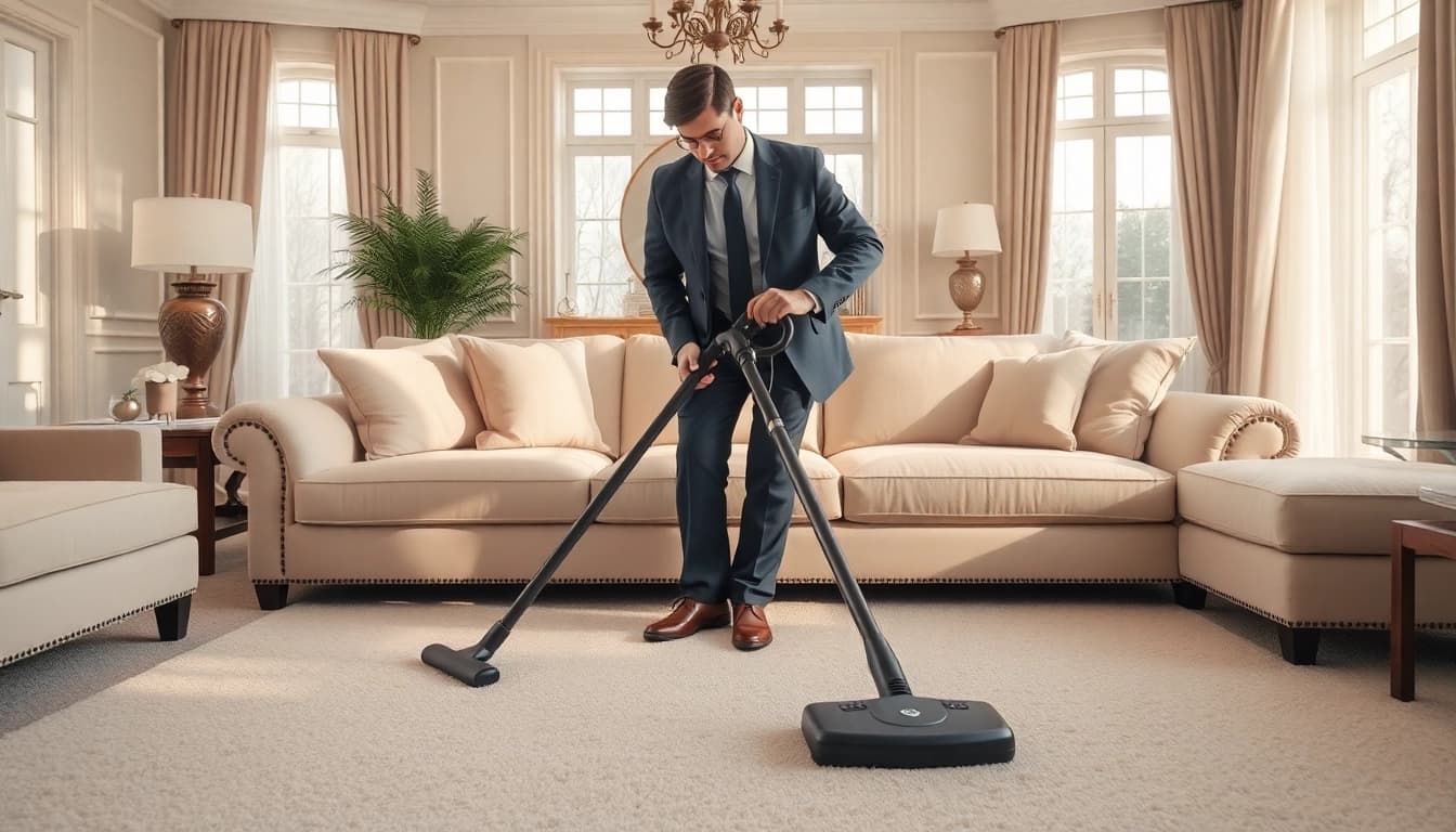 Sofa cleaning Dubai showcasing a professional cleaner in a bright living room steams the upholstery.