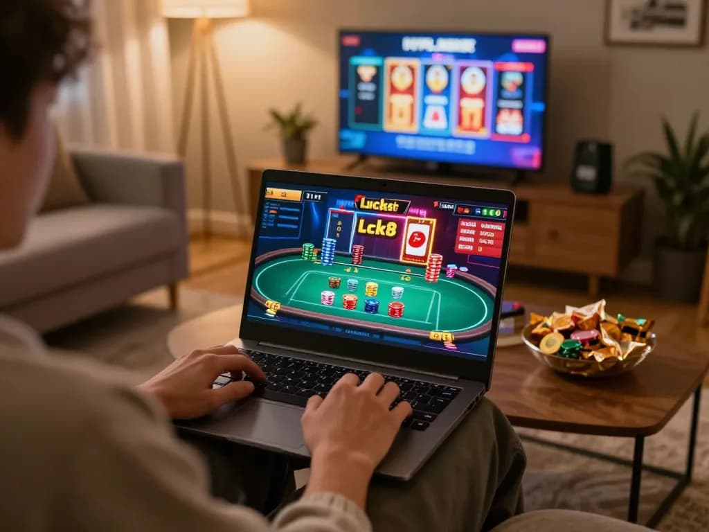 Player enjoys Luck8 online casino, engaged in exciting gameplay on laptop in cozy home setting