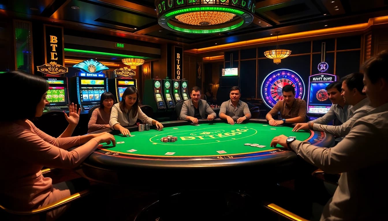 BDTK666 poker players strategizing at an opulent table in a vibrant casino.