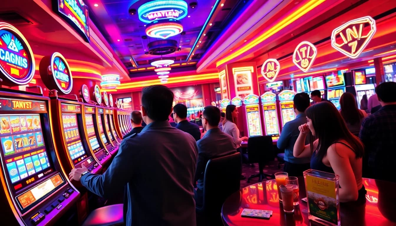 Menangi slot deposit 1000 dengan suasana kasino yang meriah dan lampu neon yang memikat.