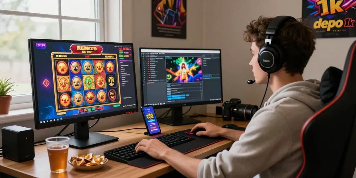 Player enjoying slot depo 1k games at a cozy home gaming setup with vibrant screens and snacks.