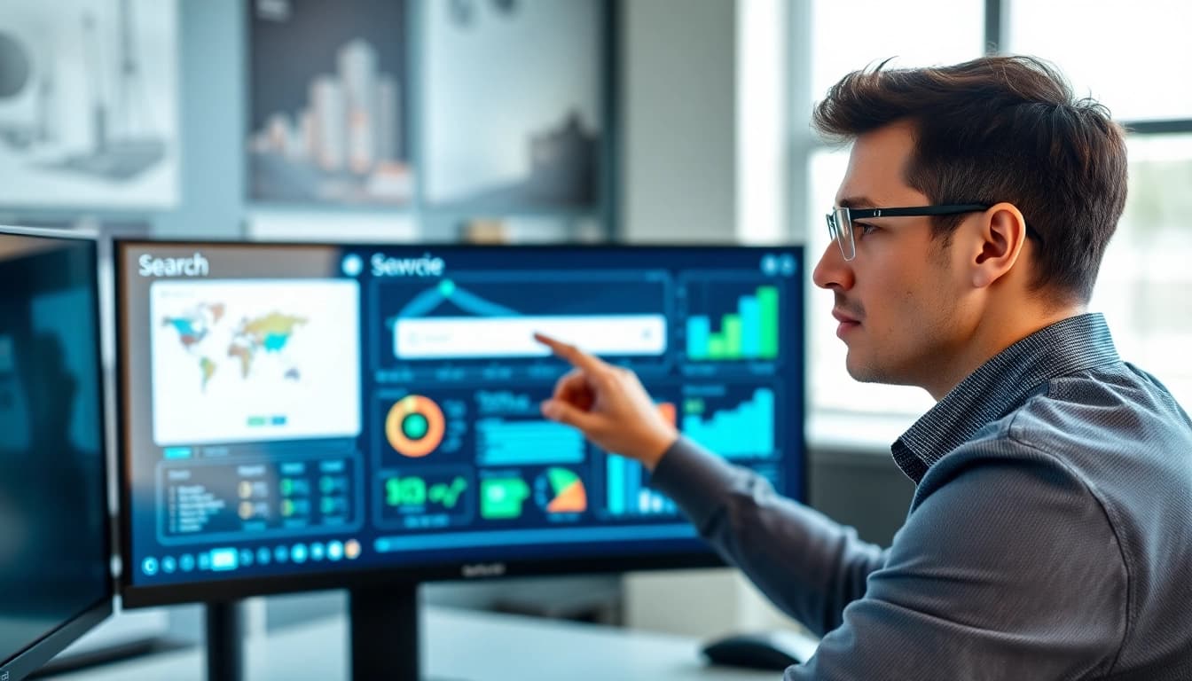 Engaged user accessing enterprise search software on a modern workspace interface.
