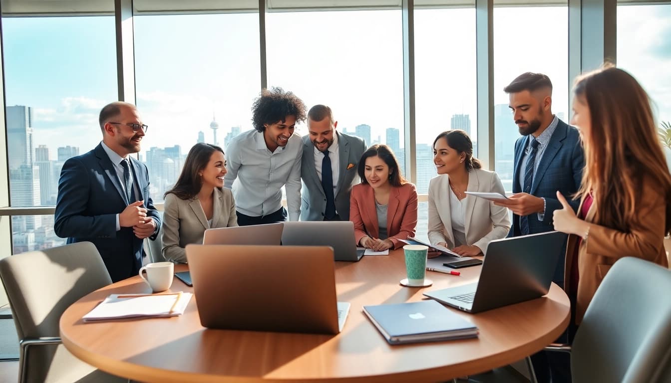 Business team collaborating in a bright office setting with diverse members showcasing teamwork.