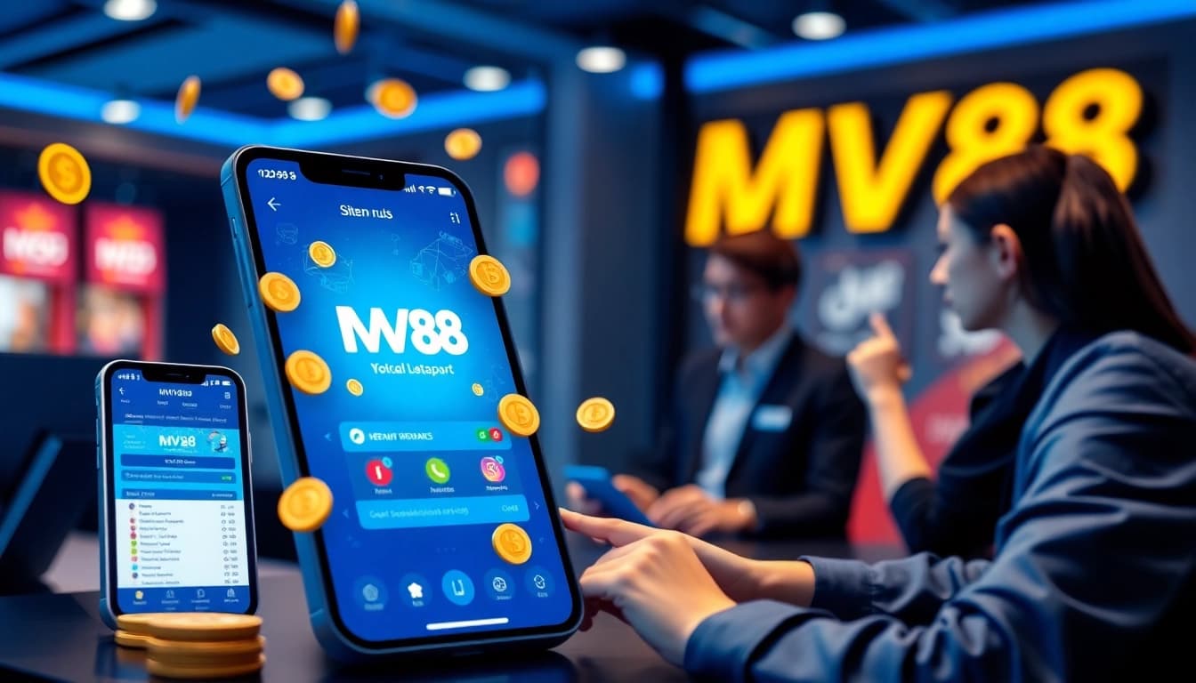 MV88 app interface with virtual currency transactions on mobile devices, highlighting online gambling features.