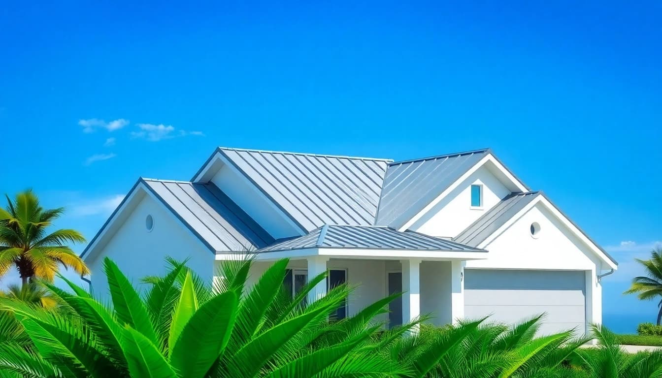 Showcasing a modern home with metal roofing set against a bright sky and lush greenery.