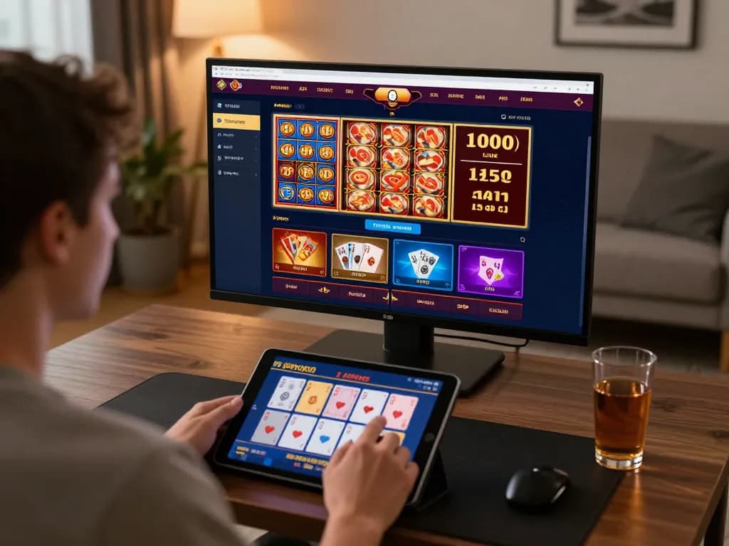 Playing Nk88 online casino games on a tablet in a cozy home setting.