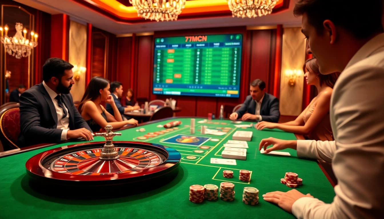 Experience the thrilling action of 7mcn at a luxury casino with roulette and poker games.