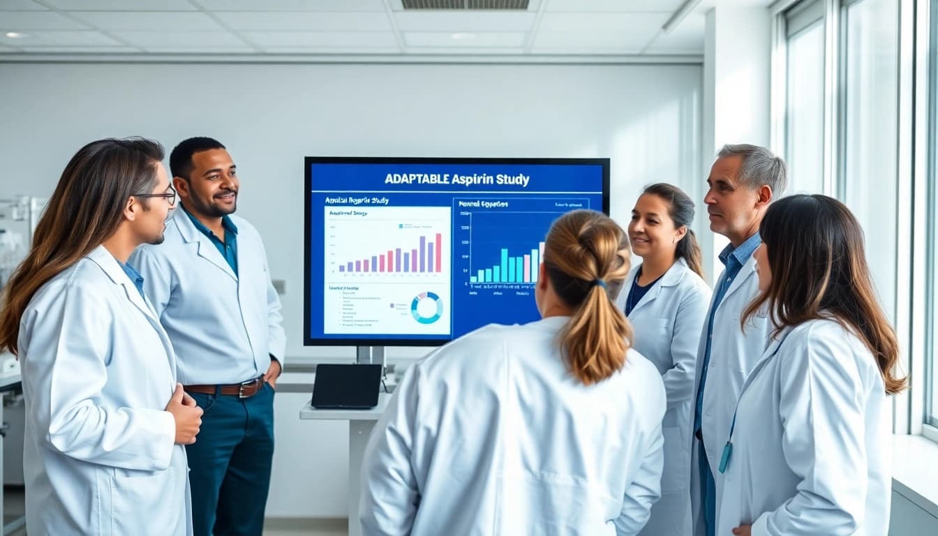 Researchers analyzing data related to the ADAPTABLE Aspirin Study in a modern laboratory.