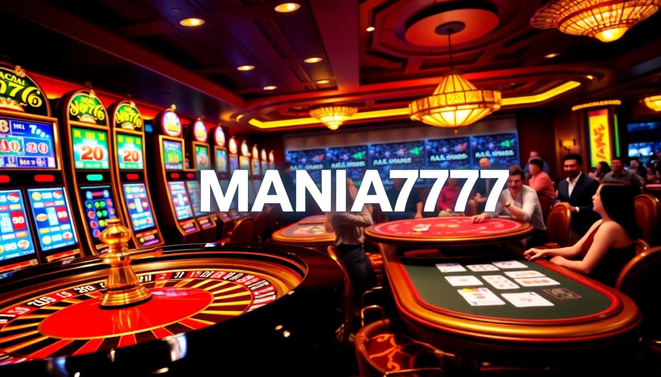MANA777 players enjoying winning moments at a luxurious online casino with vibrant slot machines.