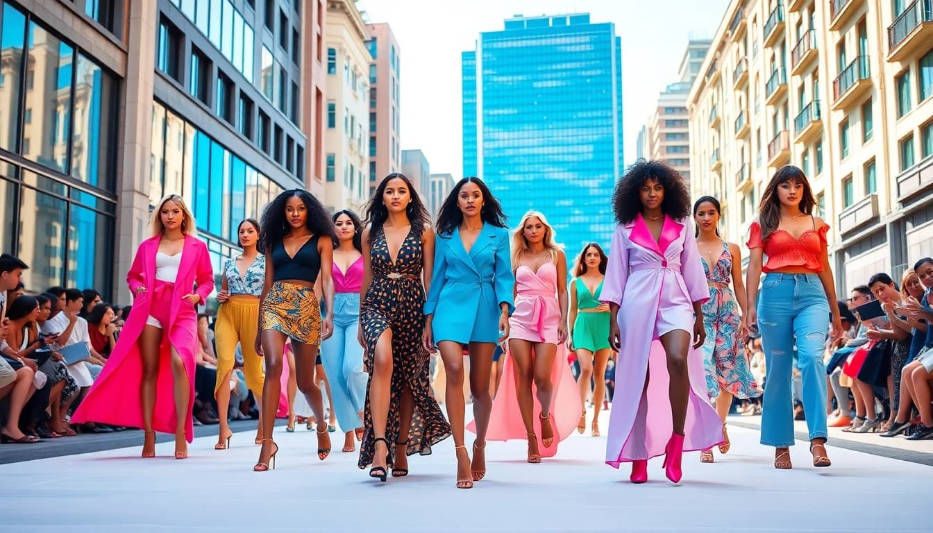 Models strutting on the runway in dynamic Fashion and Apparel outfits, showcasing diversity and style.