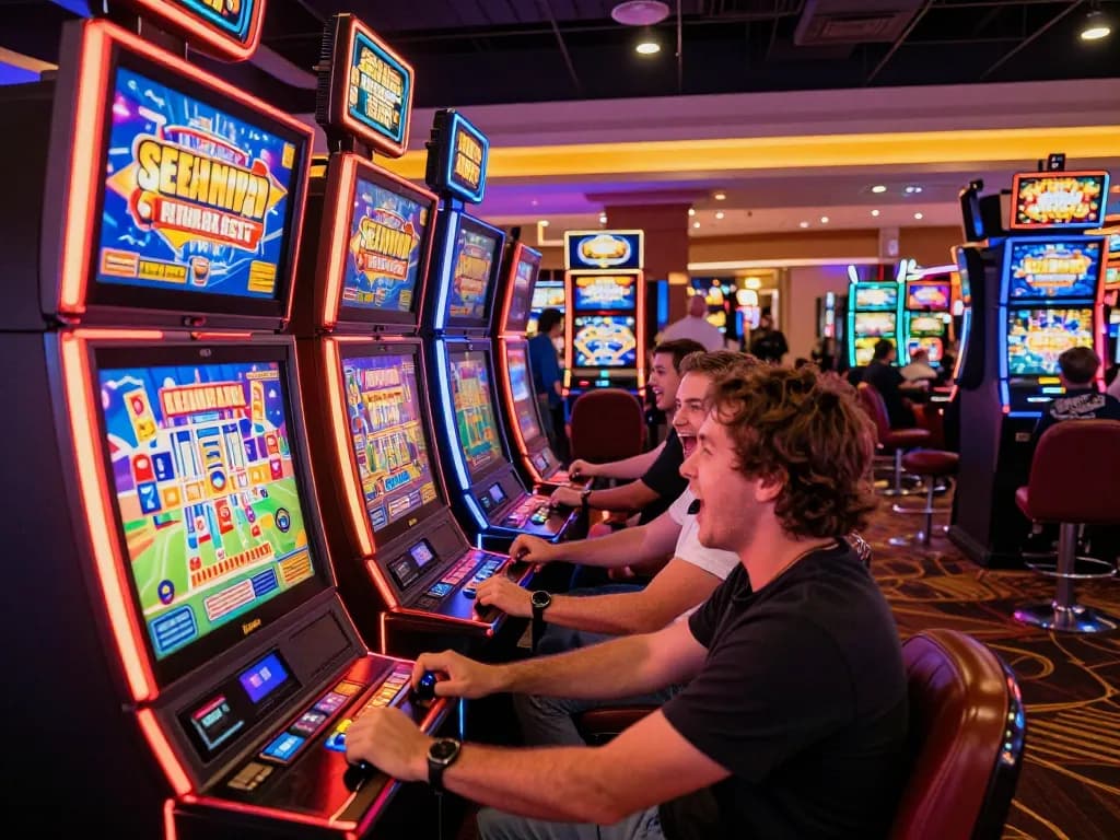 Engaging players enjoying slot games at oli 4d, vibrant machines flashing and attracting attention