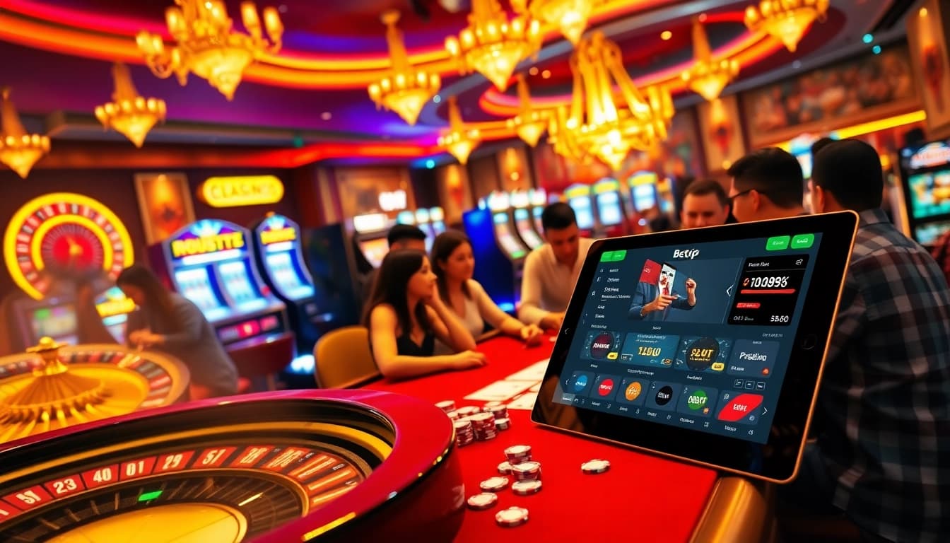 Người chơi Betvip tận hưởng không khí casino đầy sống động với bàn poker và máy đánh bạc.