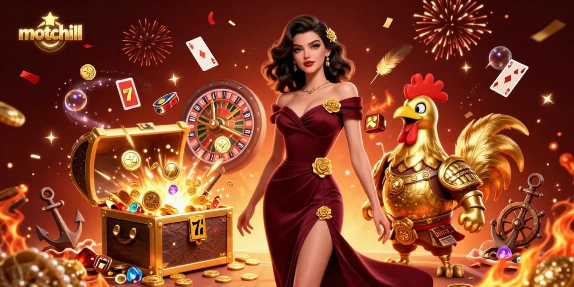 Experience the thrill at motchill with vibrant casino elements exploding around stunning characters.