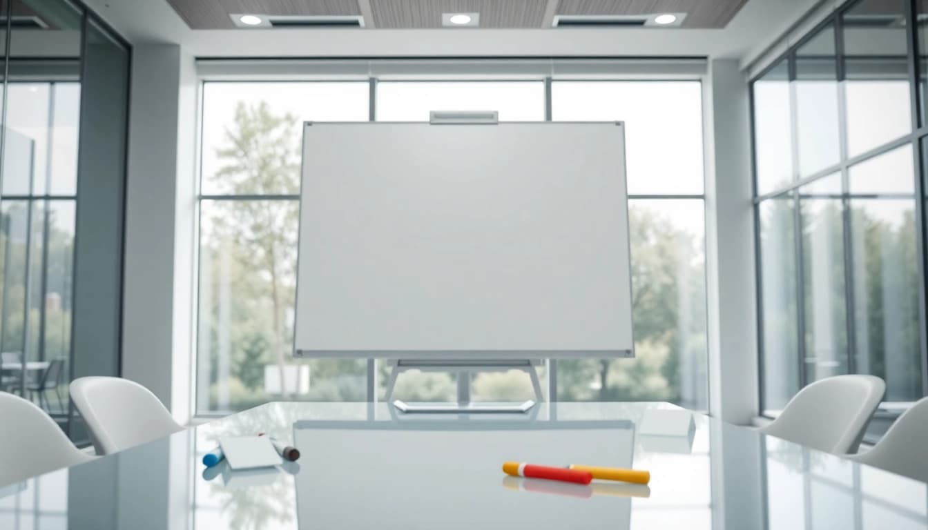 Utiliser le chevaletdeconference.fr dans une salle de réunion moderne avec un tableau blanc.