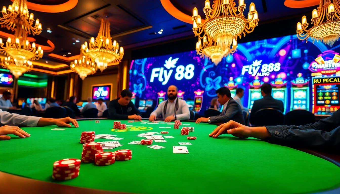 Fly 88 players engaging in high-stakes poker at a luxurious casino table.