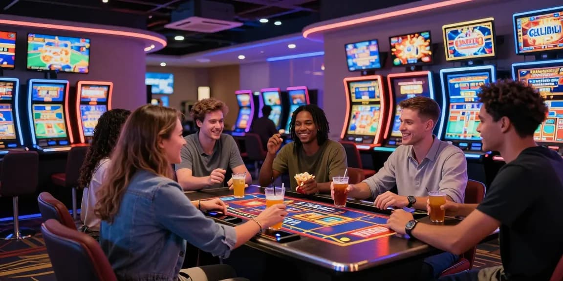A lively credit card casino where friends enjoy gaming together, showcasing the excitement and social atmosphere of modern casinos.