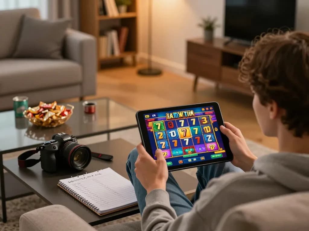 Engaging with slot 777 game on tablet, cozy home setting enhances responsible gaming vibes.