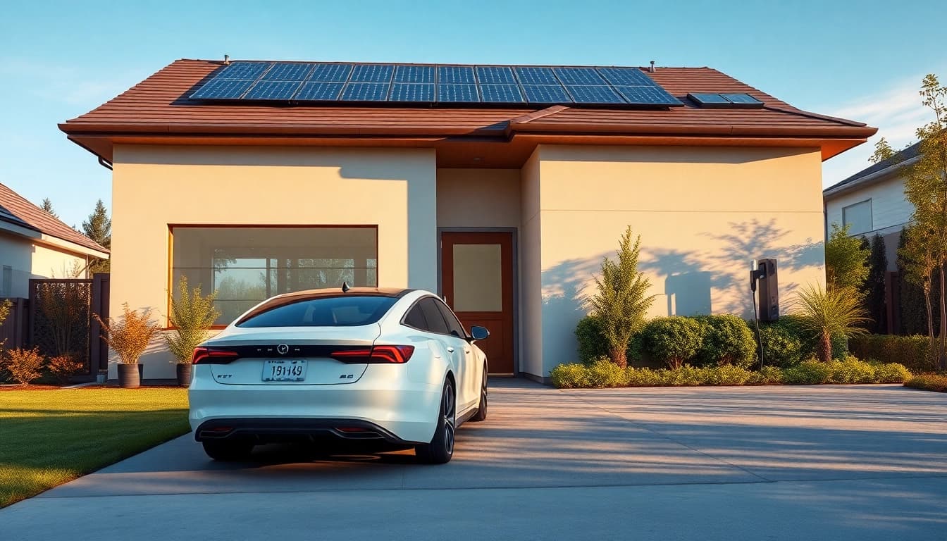 Modern residential home with a sleek home EV charger beside an electric vehicle in a sunny setting.