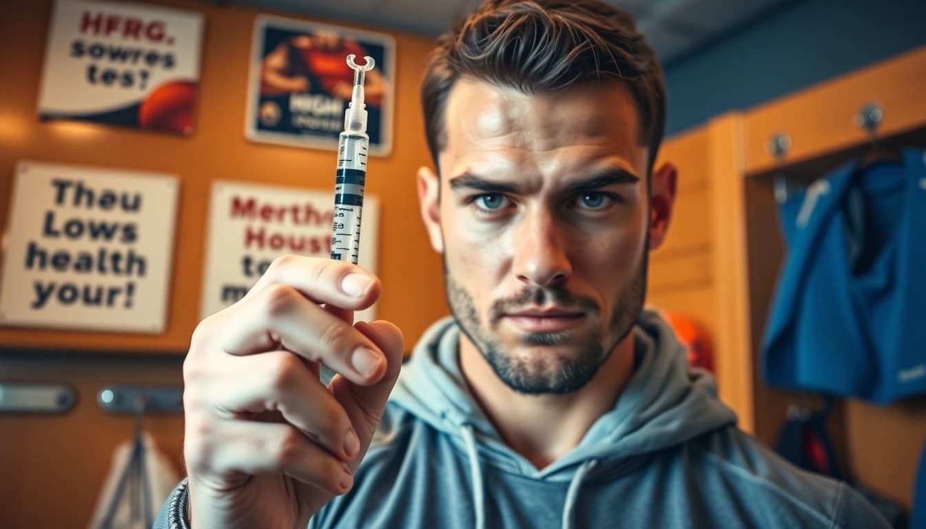 Buy HGH Online: Athlete showcasing a syringe in a vibrant sports setting for health and vitality.