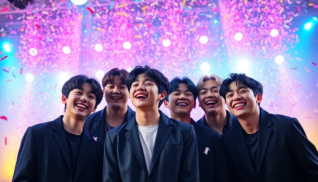 Engaging moment of bts members showcasing their camaraderie during a vibrant celebration.