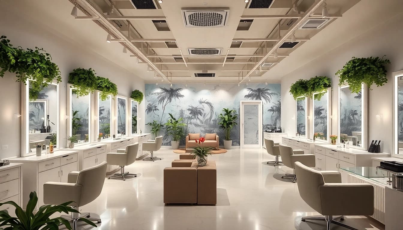 Stylish interior of a frizerie craiova, featuring modern design elements and inviting atmosphere.