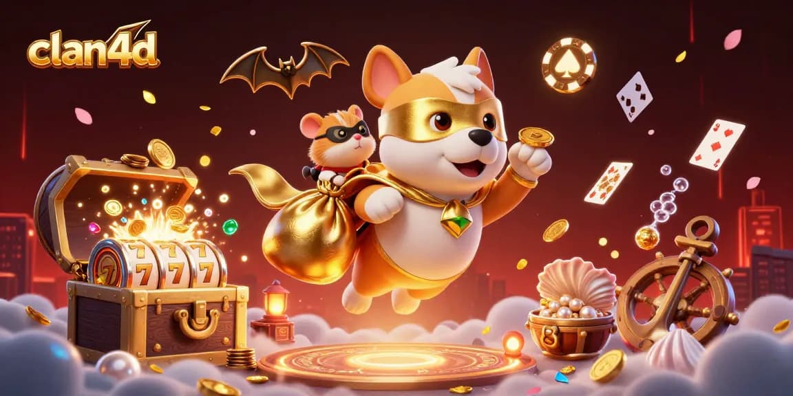 Bet on your luck with clan4d, a whimsical casino scene featuring a flying superhero dog and treasure.