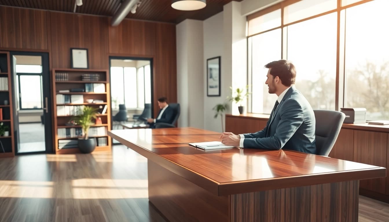Sarasota personal injury lawyer consulting a client in a warm office setting.