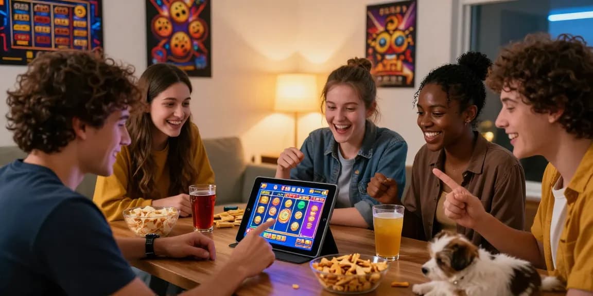 Group enjoying a slot gaming experience on a tablet at home with vibrant graphics and snacks.