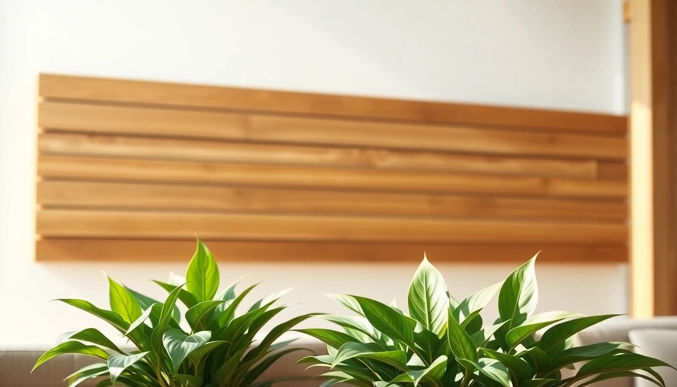 Stylish wood slats enhancing interior design with natural light and lush greenery.