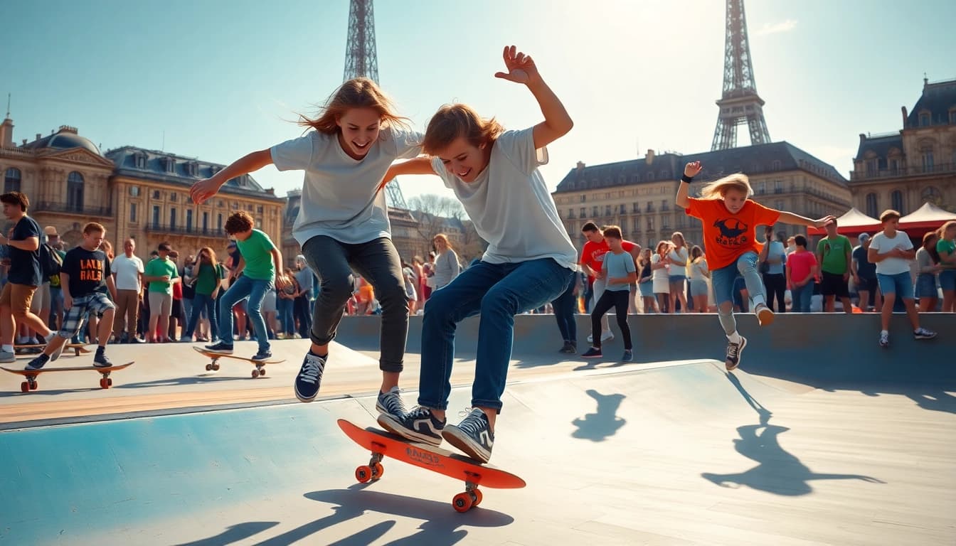 École de Skate Paris : jeunes skateboarders réalisant des tricks dans un skatepark animé.