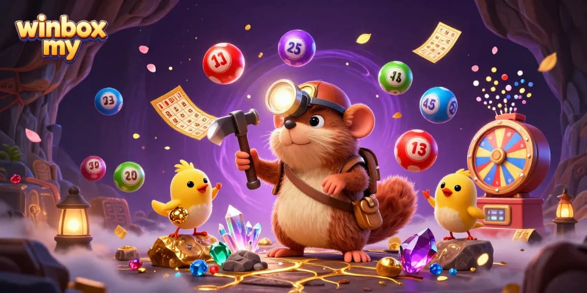 Winbox my offers thrilling gaming experiences with a vibrant dynamic illustration featuring lottery elements and a treasure hunting theme.
