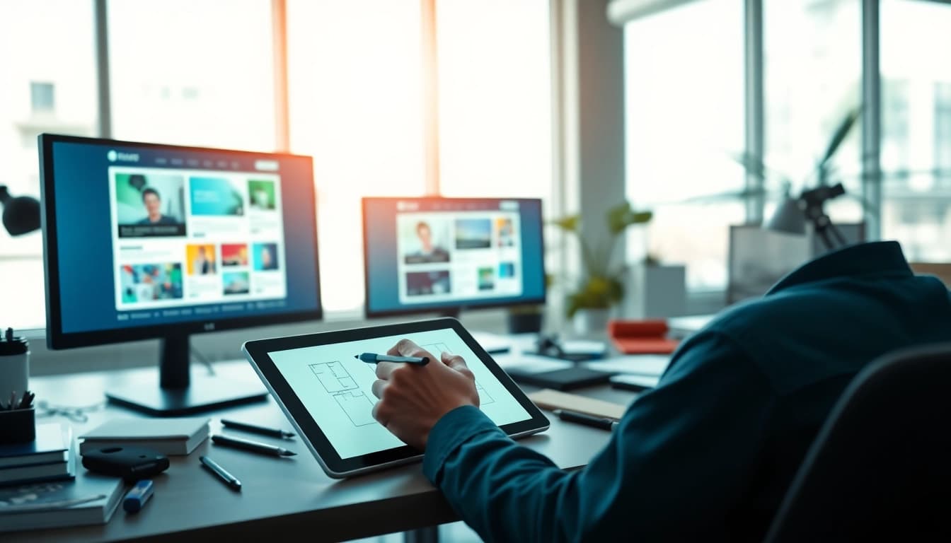 Showcasing website design Hereford with a modern office setup featuring designers at work.