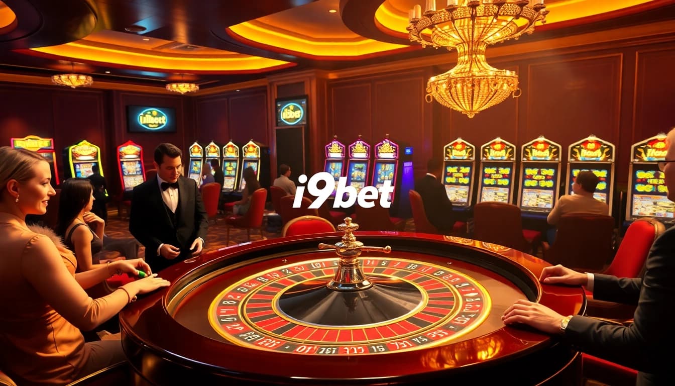 I9BET players celebrating wins at a luxurious casino with roulette and slot machines.