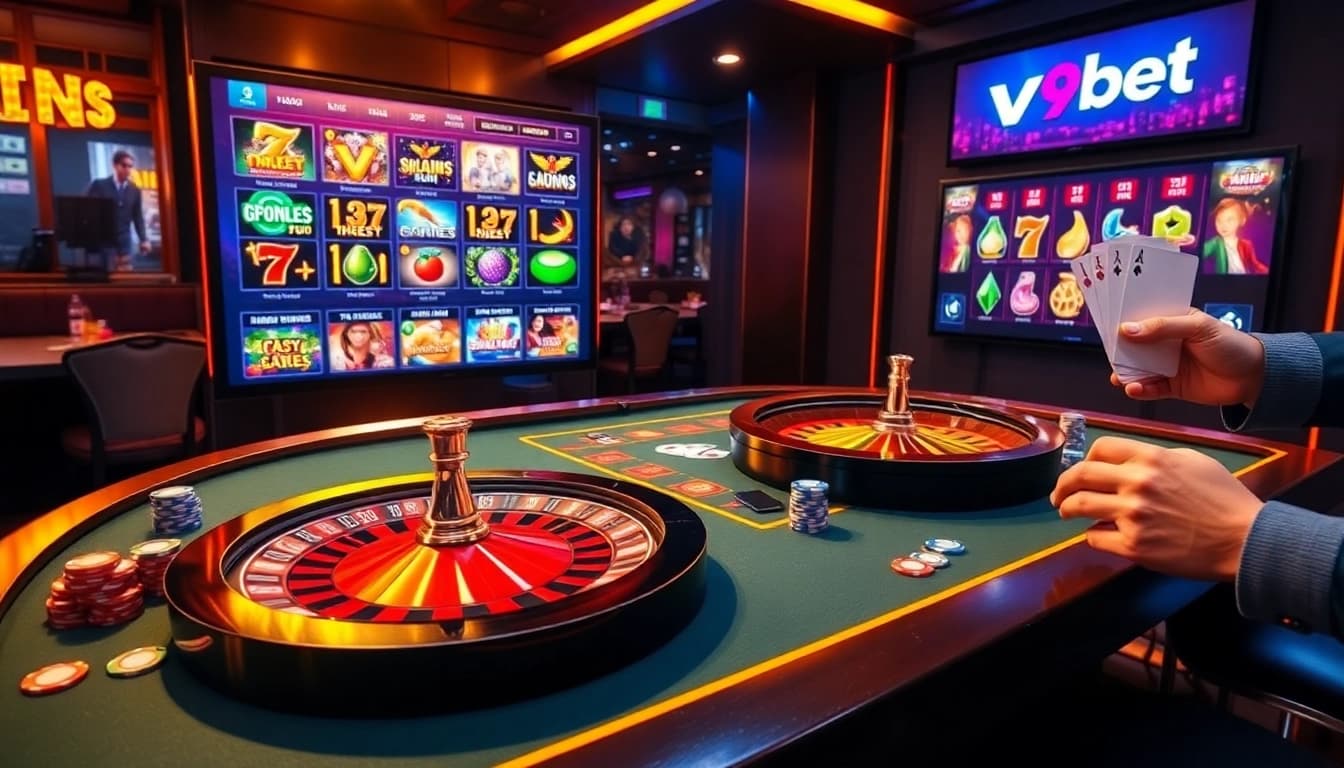 V9bet casino scene with vibrant roulette wheel, cards, and chips capturing online gambling excitement.