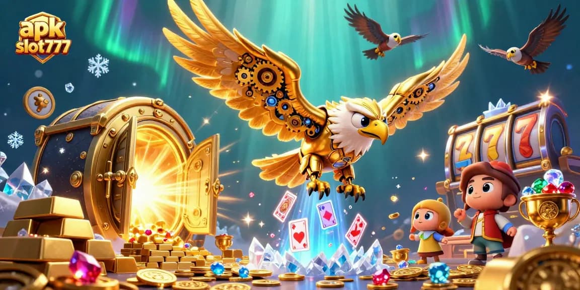 Engage with apk slot777 by spinning vibrant slot reels amidst a treasure-filled 3D casino scene.