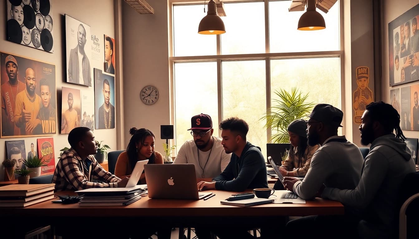 Vibrant hip hop PR agency workspace with professionals analyzing music strategies.