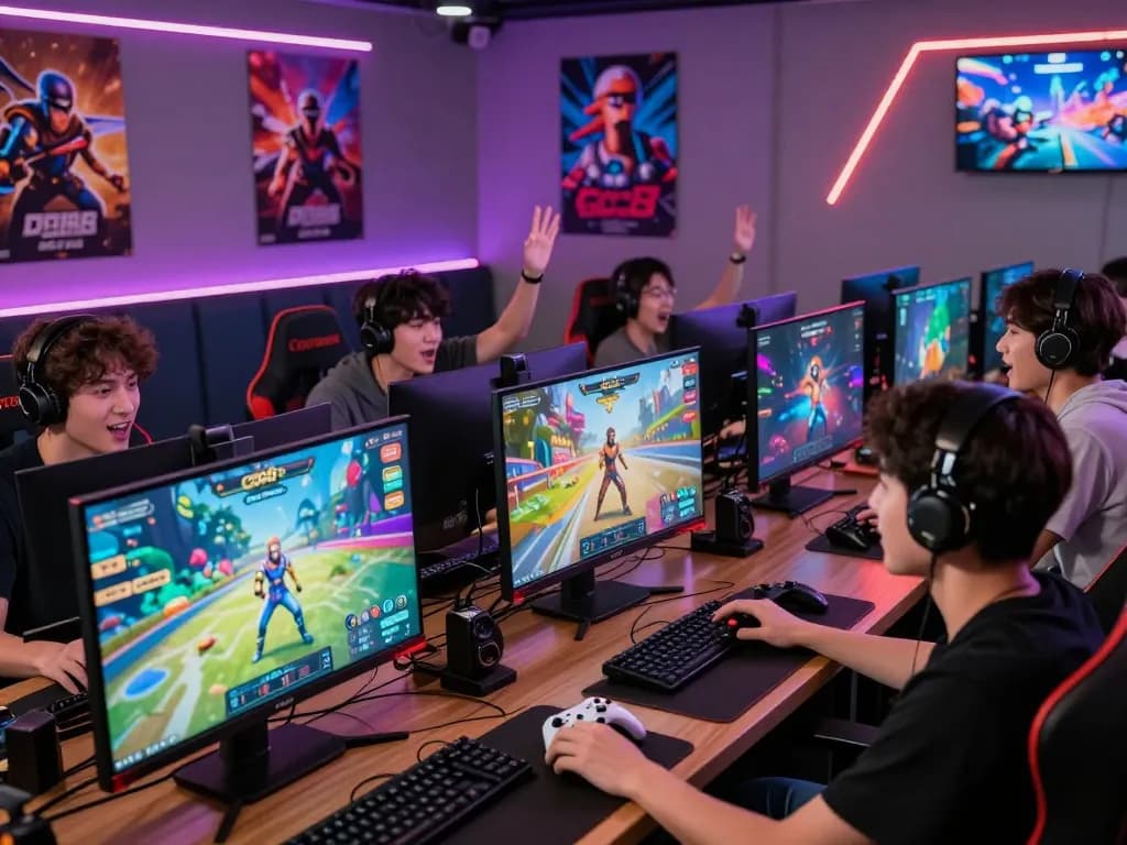 Excited gamers engaging with the go88 platform in a vibrant online gaming lounge.