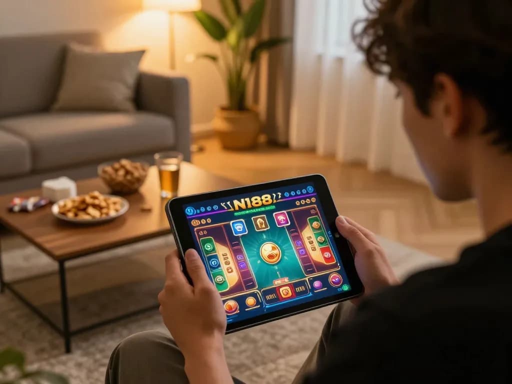N188 game player engaging with tablet interface, enjoying a thrilling online casino experience in a cozy living room.