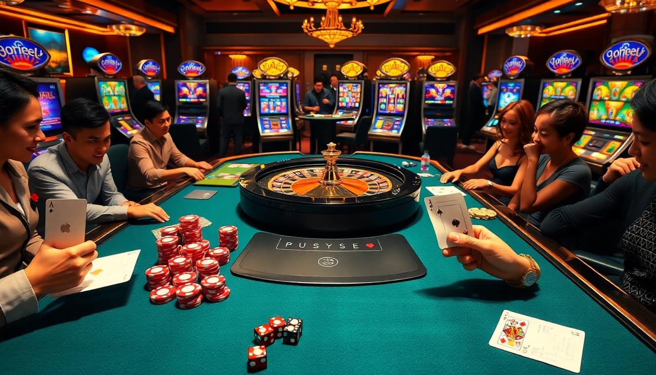 Excited players engage in high-stakes gambling at ps99seo.com casino table with vibrant poker chips.