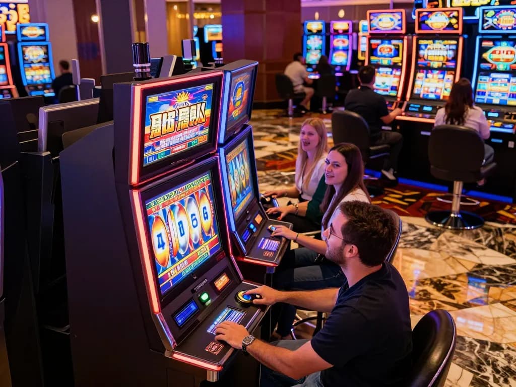 Engaging scene of players at slot gacor 777 machines enjoying exciting gameplay in a vibrant casino atmosphere