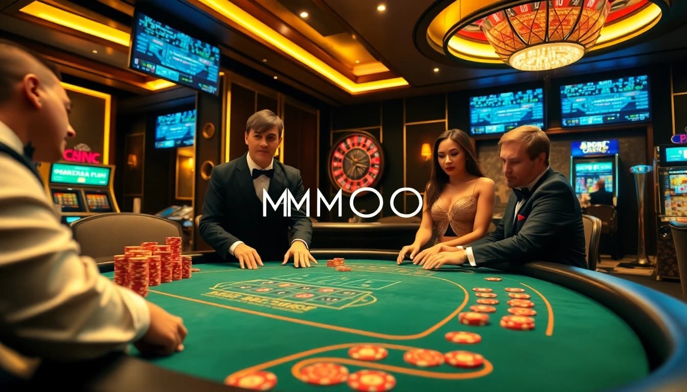 MMOO enhances the thrill of poker with vivid casino visuals showcasing professional gameplay.